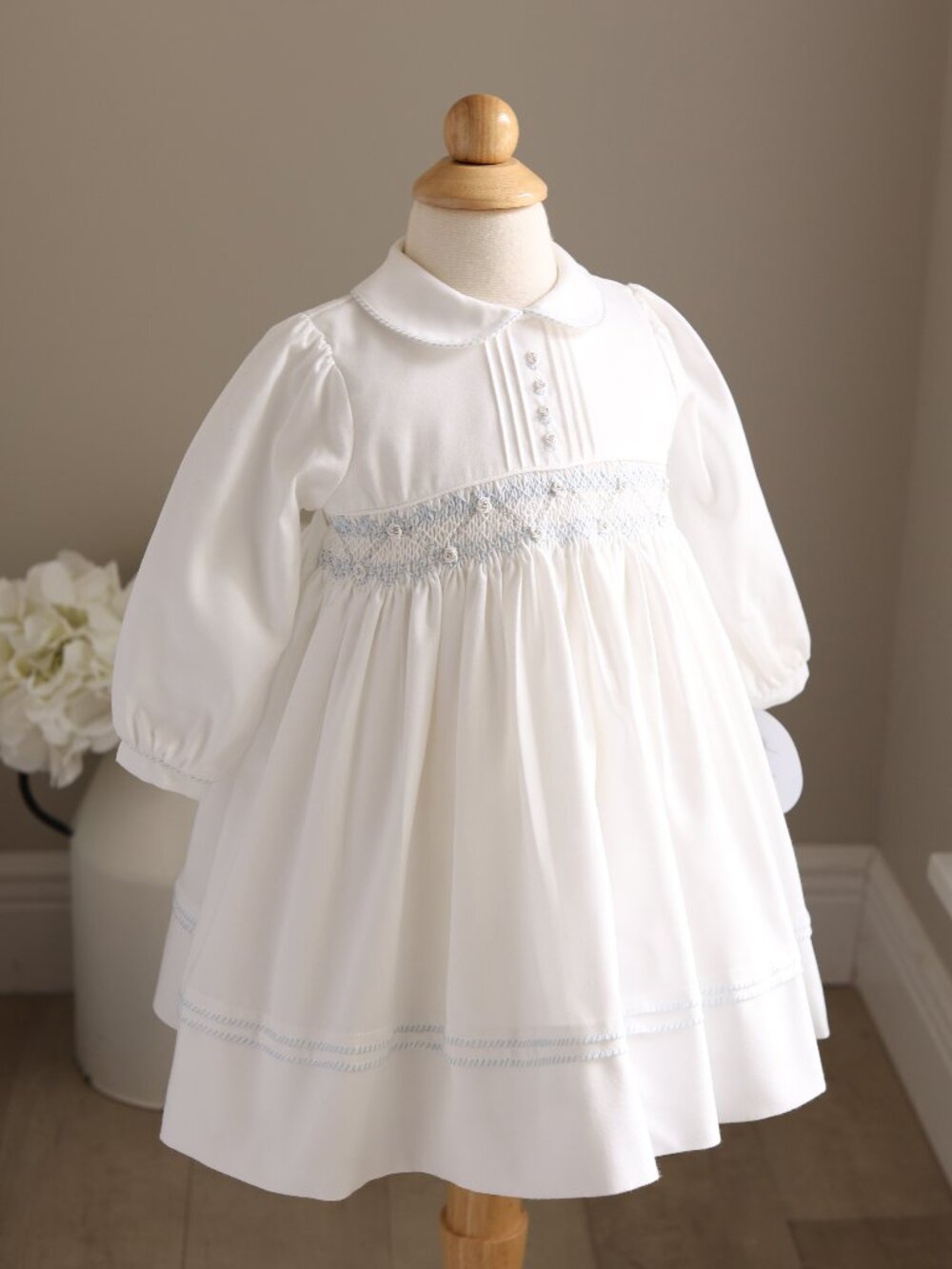 Winter White Smocked Long Sleeve Dress Blue Silver Embroidery 18M Boutique NWT